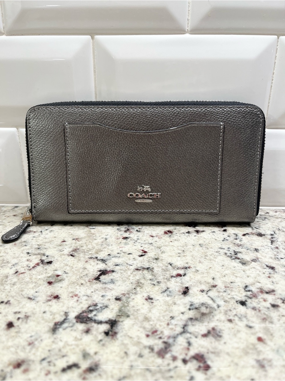 Coach Gun Metal Crossgrain Leather Long Wallet EUC
